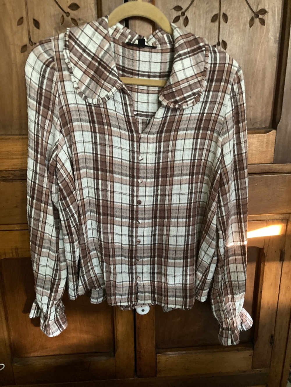 Plaid Button-Front Women’s Top in Brown and Cream